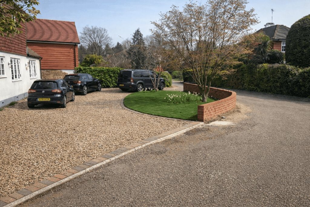 Porcelain terrace and driveway at a home in Esher, by Flourish Landscaping