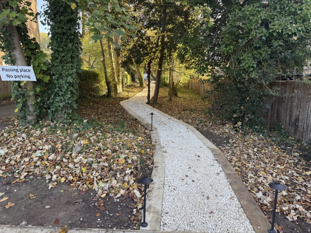Kingston woodland garden pathway among autumn trees, by Flourish Landscaping