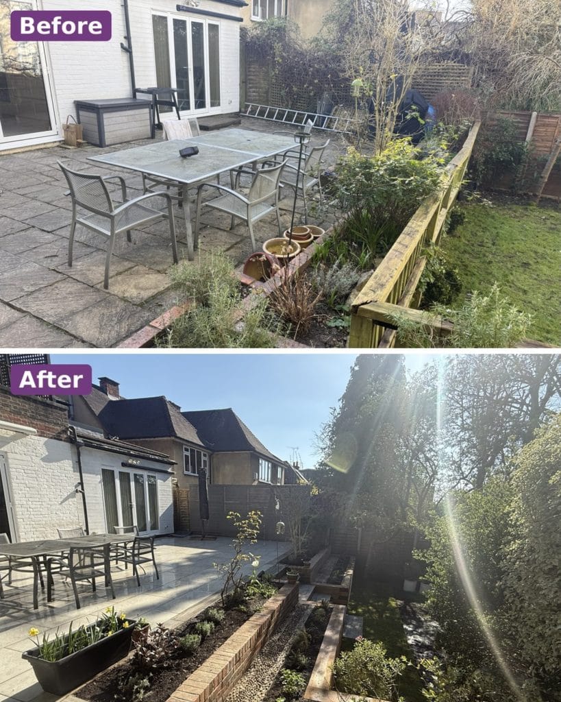 Before and after: a tired slabbed patio with timber edging, then a new porcelain patio with brick-edged raised beds, by Flourish Landscaping in Kingston upon Thames