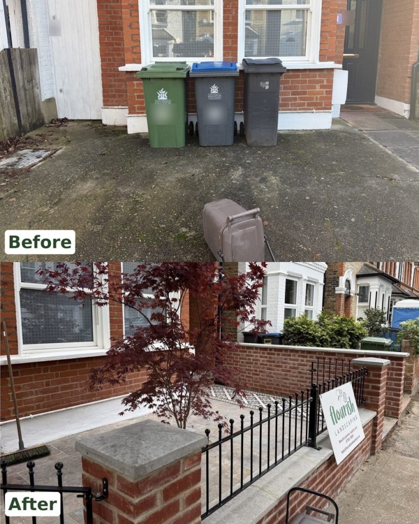 Before and after: a bare concrete front drive with the bins under the window, then a new brick front wall with stone copings, railings, tumbled limestone and a red-leaved Acer palmatum, by Flourish Landscaping in Kingston