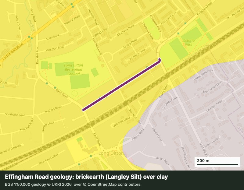 BGS geology map of Effingham Road, Long Ditton, showing Langley Silt brickearth over London Clay