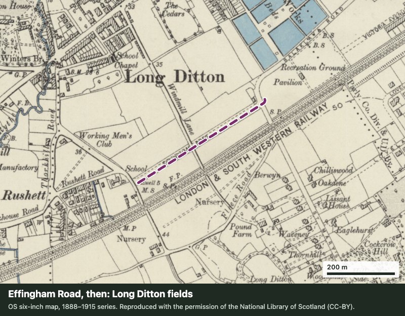 Old Ordnance Survey six-inch map of Long Ditton showing fields beside the railway where Effingham Road was later built
