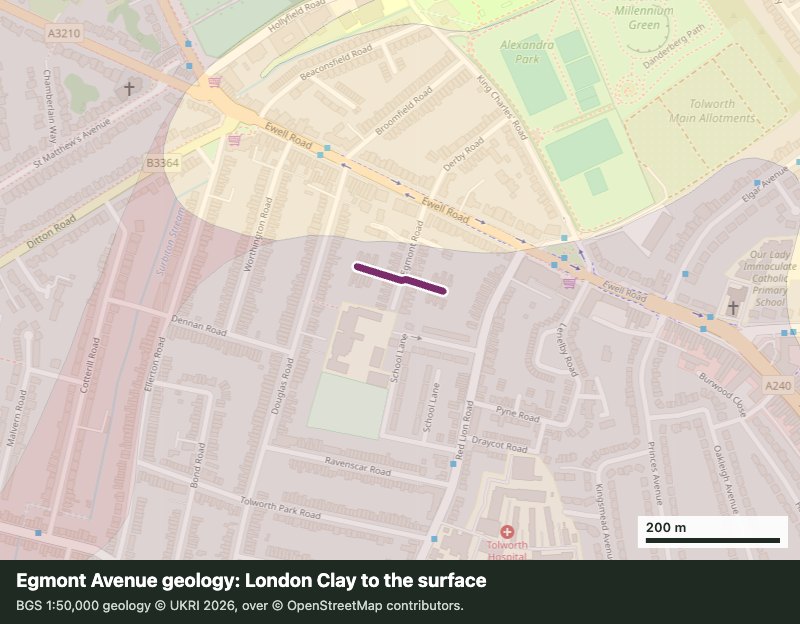 BGS geology map of Egmont Avenue, Surbiton, showing London Clay at the surface