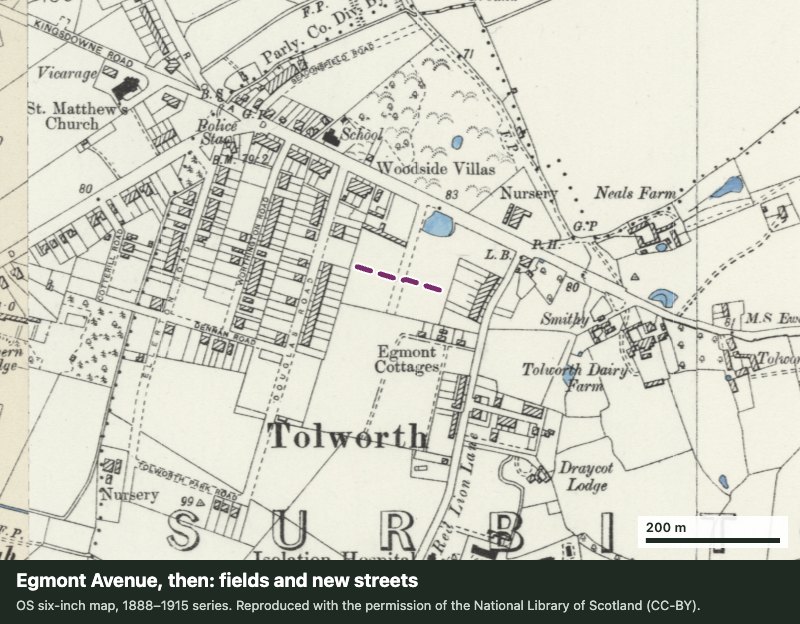 Old Ordnance Survey six-inch map of Tolworth showing the line of Egmont Avenue across fields near Tolworth Dairy Farm