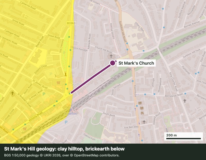 BGS geology map of St Mark's Hill, Surbiton, showing a London Clay hilltop with brickearth at the foot of the hill