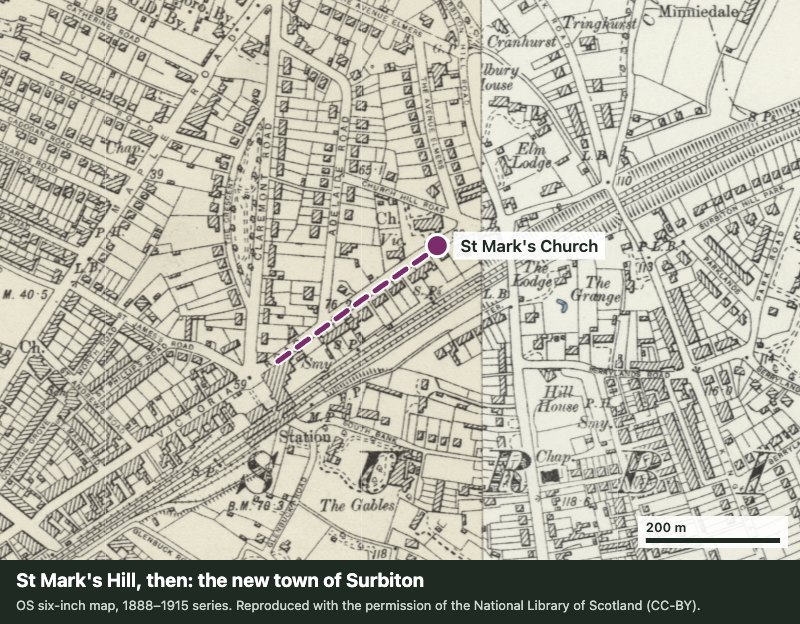 Old Ordnance Survey six-inch map of Surbiton town centre showing St Mark's Hill and St Mark's Church